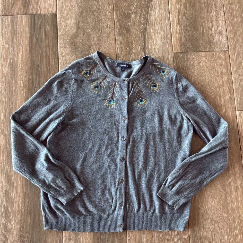 Lands End women's embroidered beaded gray cardigan cotton/cashmere size Large - Picture 2 of 12